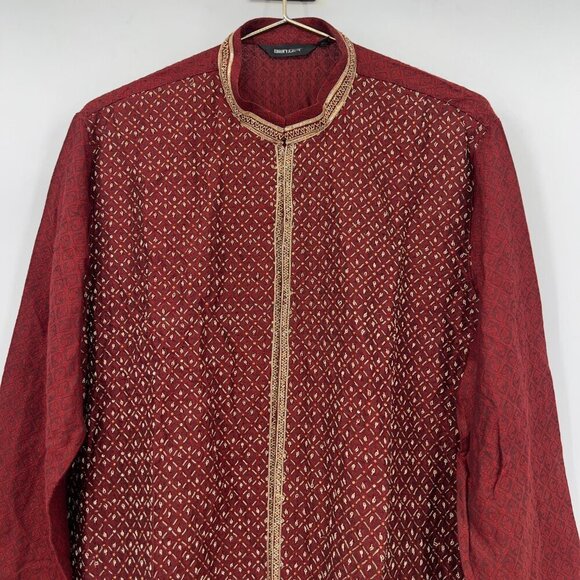 Benzer Traditional Maroon Embroidered Kurta with Gold Trim Mens — Size 40 - Picture 2 of 11